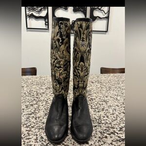 Seychelles Vintage Black knee high Boots with Paisley Tapestry Design